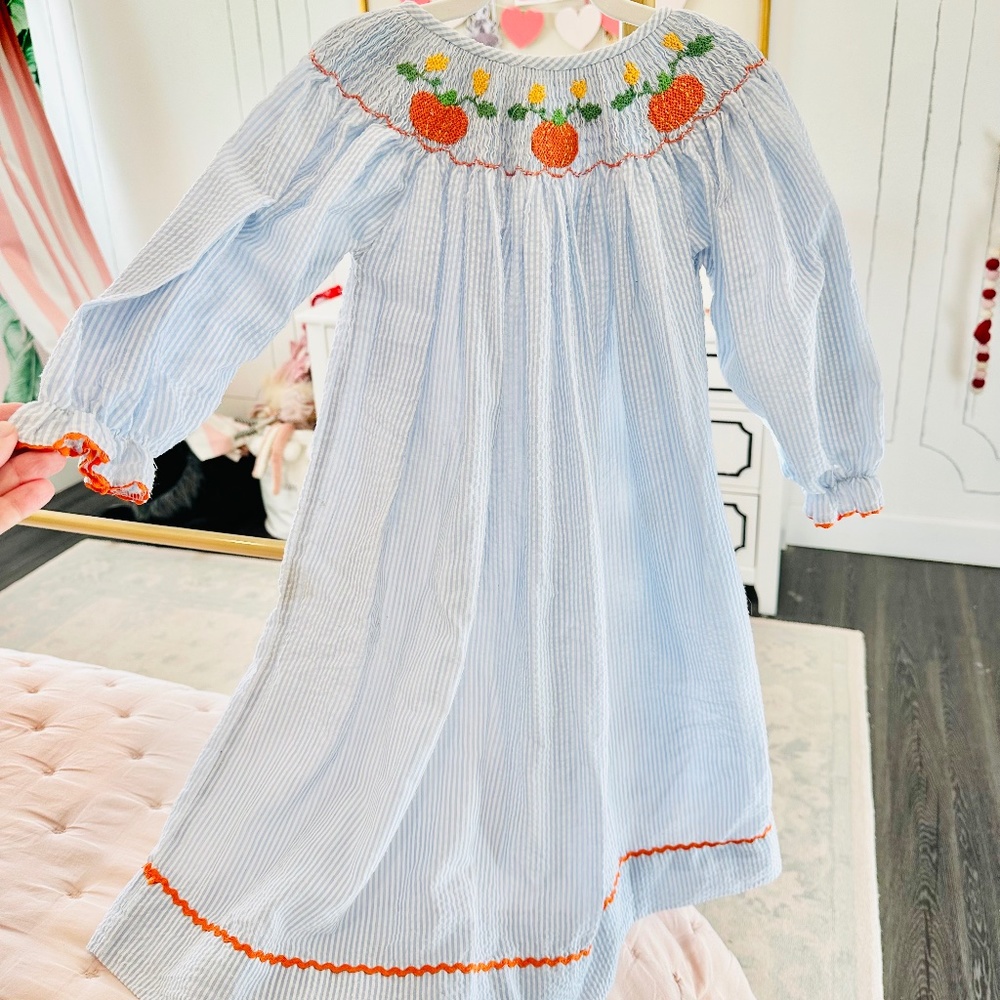 Fall Thanksgiving Pumpkin dress with smocking size 4
